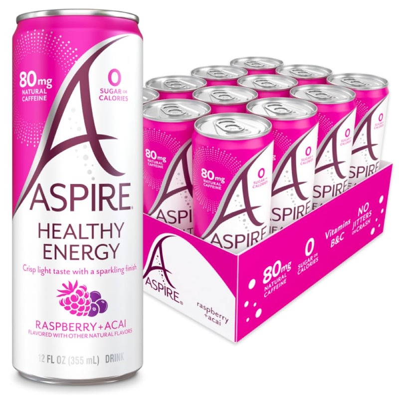 ASPIRE® Raspberry Acai, Healthy Energy Drink 80mg Natural Caffeine, Zero Sugar No Carbs Keto Friendly, 12 Pack Green Tea Sugar Free Drink Low Caffeine Zero Calorie - Image 1